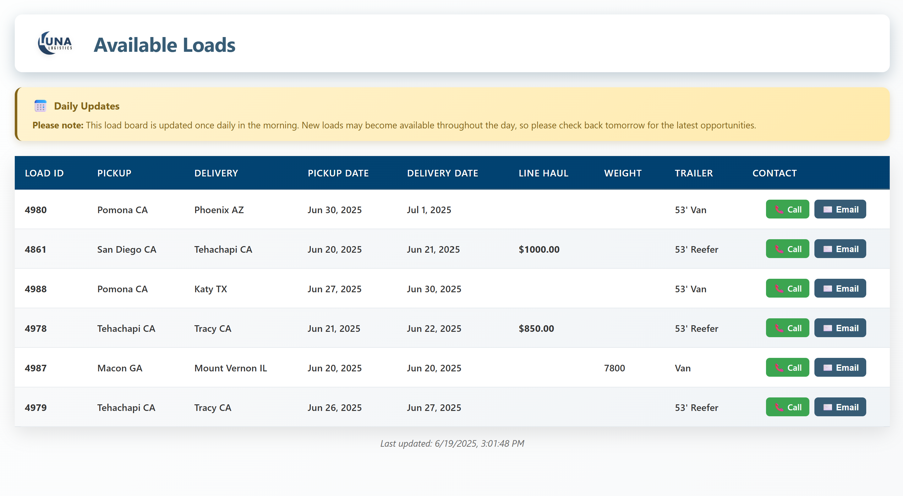 Luna Logistics Load Board